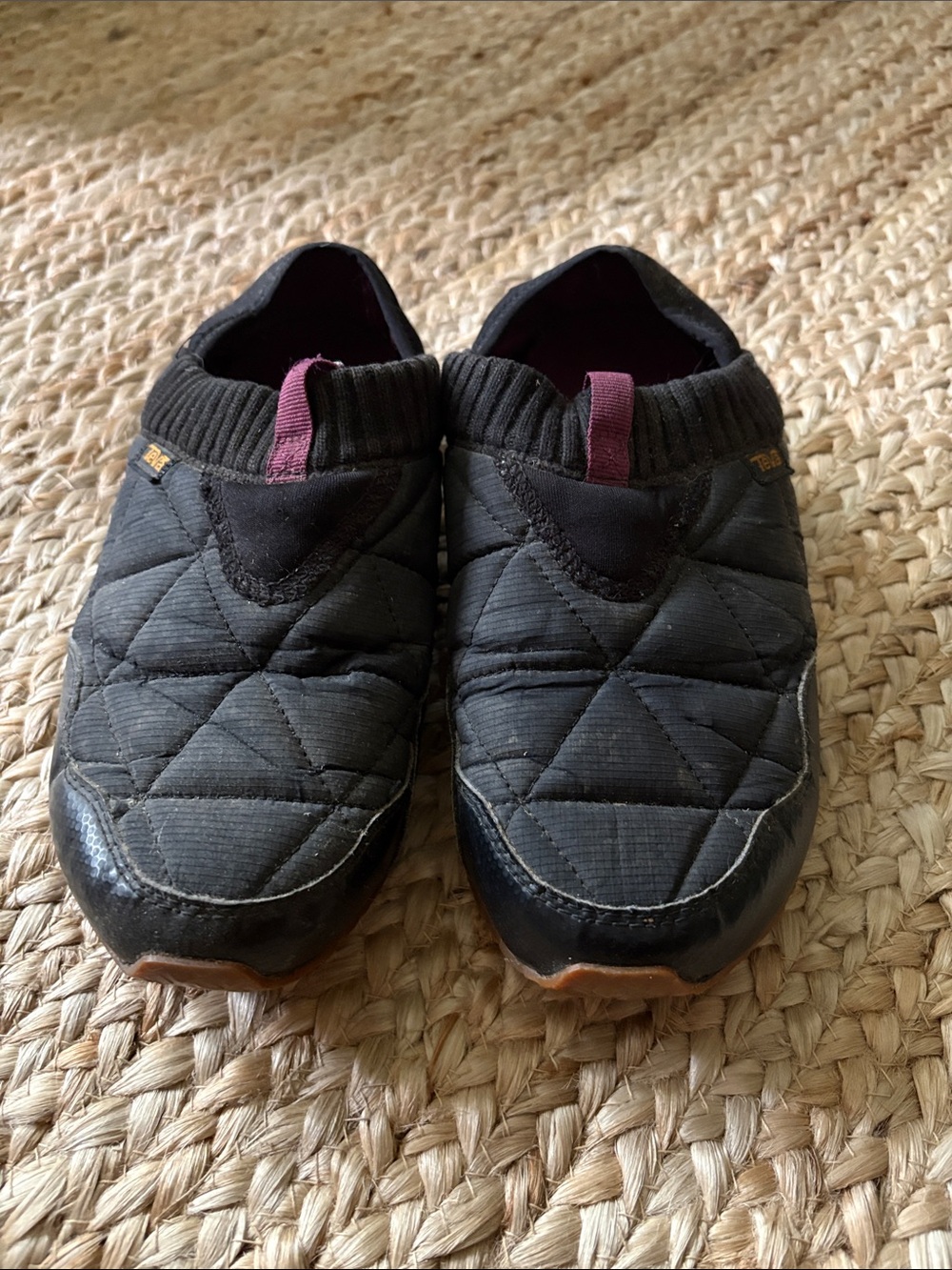 Teva Black Quilted Slip-On Slippers with Plum Accents